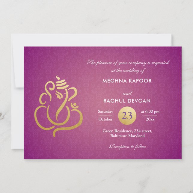 Invitation Purple Chic Gold Foil Ganesha Indian Damask  (Devant)