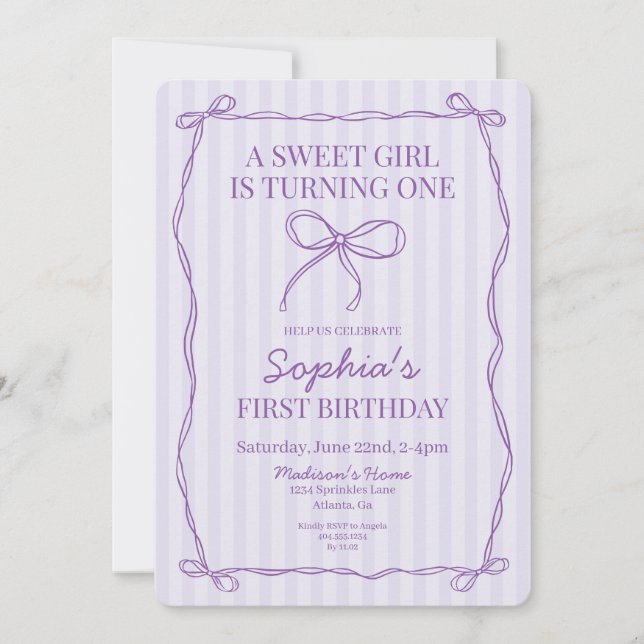 Invitation Purple Coquette Bow Pastel Lavender fête d'anniver (Devant)