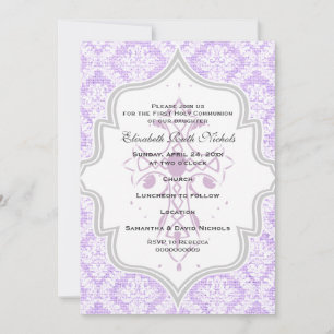 Invitation Purple Croix blanc damassé burlap Première communi