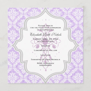 Invitation Purple Croix blanc damassé burlap Première communi