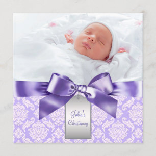 Invitation Purple Damask Baby Girl Photo Baptême Christening