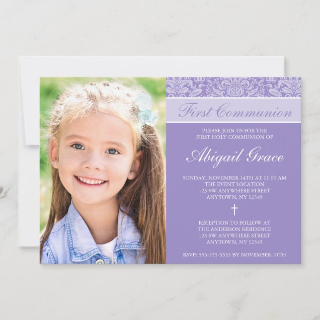 Invitation Purple Damask Girl Photo Première Communion (Devant)