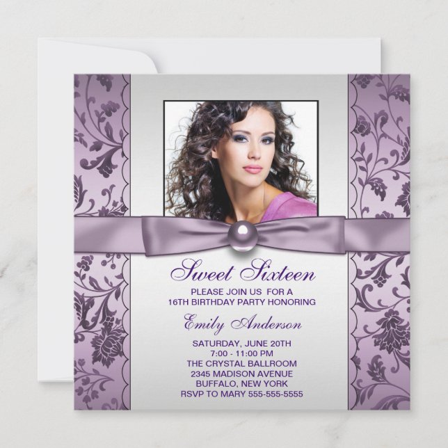 Invitation Purple Damask Photo Sweet sixteen fête d'anniversa (Devant)