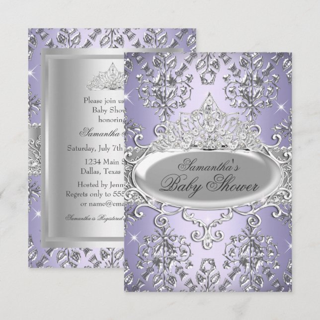 Invitation Purple Damask Tiara Princess Baby shower Invitatio (Devant / Derrière)