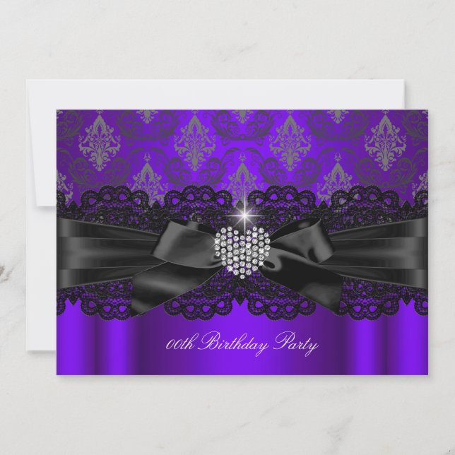 Invitation Purple Diamond Heart Damask Anniversaire Party (Devant)
