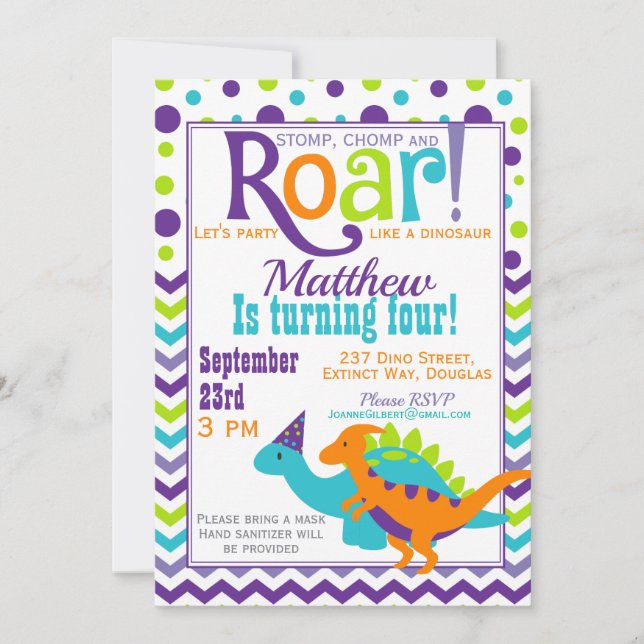 Invitation Purple Dinosaur Roar fête d'anniversaire (Devant)