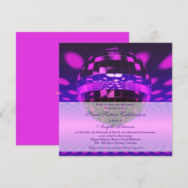 Invitation Purple Disco Ball Sweet 16 Anniversaire (Devant / Derrière)
