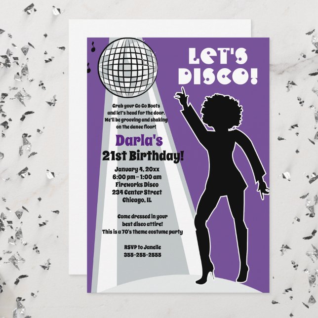 Invitation Purple Disco Party Boogie d'anniversaire femme (Disco Party Birthday Invitation Purple and Gray)