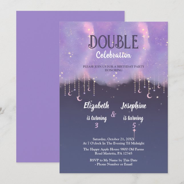 Invitation Purple Double joint Celebration Birthday For Girls (Devant / Derrière)