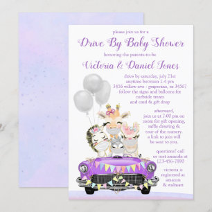 Invitation Purple Drive By Baby shower Cute Animaux in Car