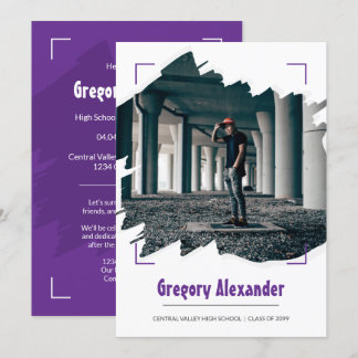 Invitation Purple Edgy Abstrait Brushstroke Photo Graduation