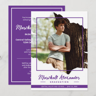 Invitation Purple Edgy Abstrait Torn Photo Graduation