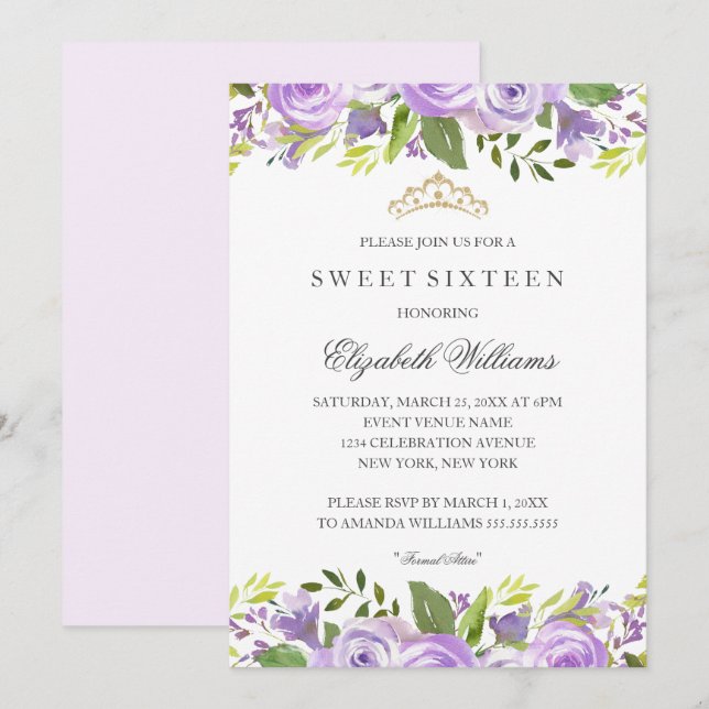 Invitation Purple Elegant Aquarelle Sweet sixteen Floral (Devant / Derrière)