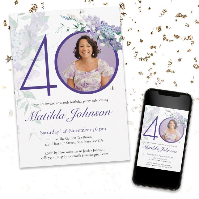 Invitation Purple Elegant Custom Photo Floral 40e anniversair (Mock Up View)
