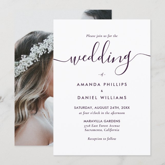 Invitation Purple Elegant Modern Script Photo Wedding (Devant / Derrière)