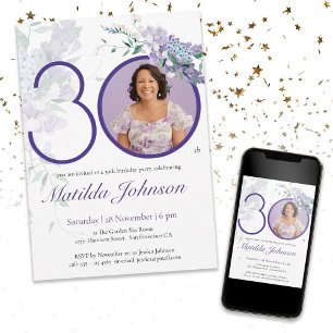 Invitation Purple Elegant Photo Floral 30e fête d'anniversair