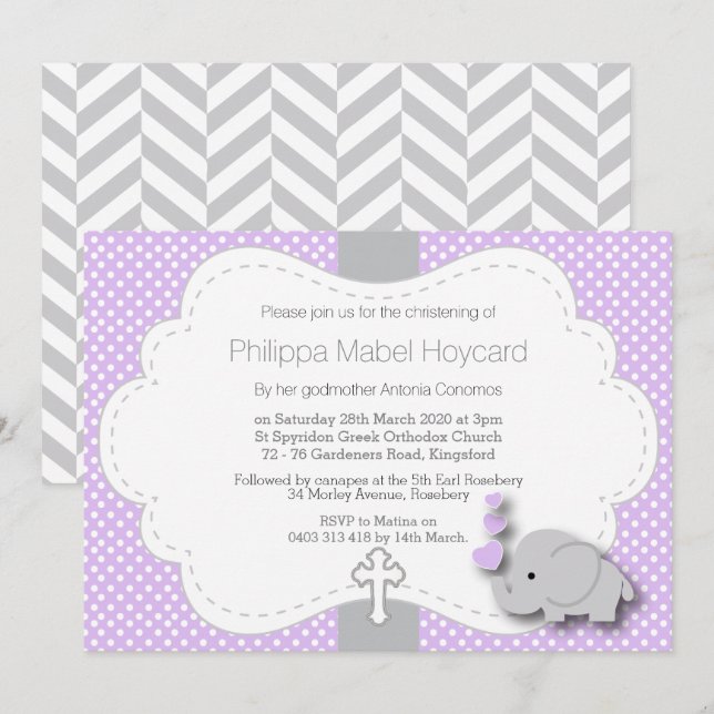 Invitation Purple - Elephant 🐘 Baby - Christening (Devant / Derrière)