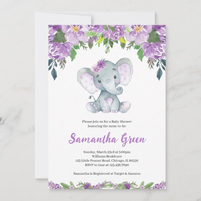 Invitation Purple Elephant Baby Shower (Devant)