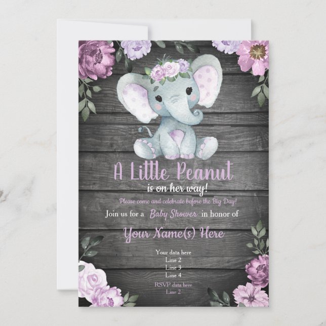 Invitation Purple Elephant Baby shower invitation, rustique (Devant)