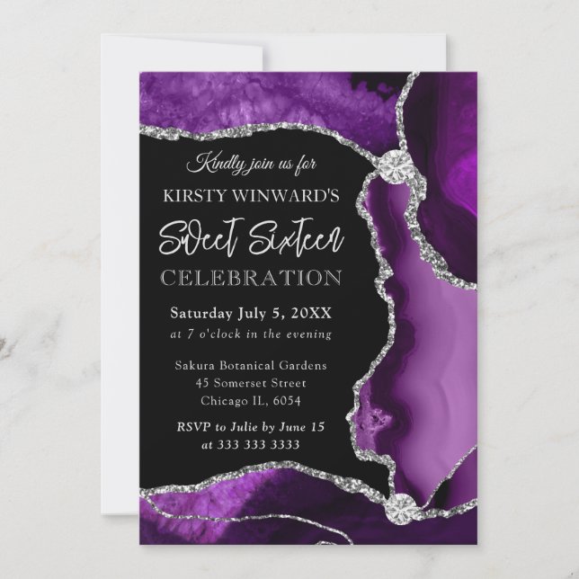 Invitation Purple et Argent Faux Parties scintillant Agate Sw (Devant)