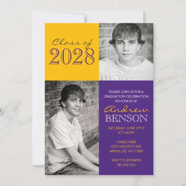 Invitation Purple et Gold Classic 2 Photo Graduation (Devant)