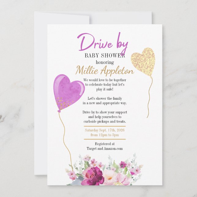 Invitation Purple et Gold Floral Drive Par Baby shower (Devant)