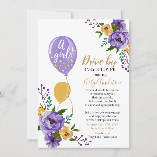 Invitation Purple et Gold Floral Drive Par Baby shower (Devant)