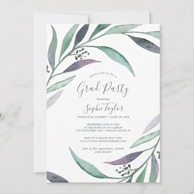 Invitation Purple et Green Eucalyptus Graduation Party (Devant)