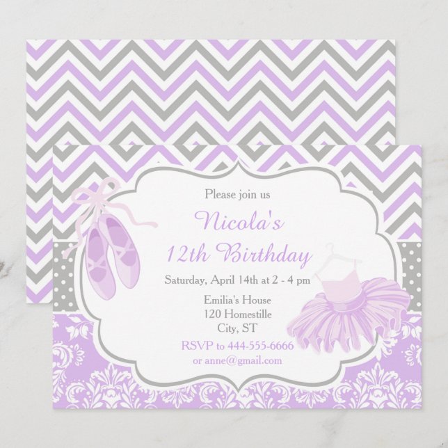 Invitation Purple et Grey Chevron Ballerina Anniversaire (Devant / Derrière)