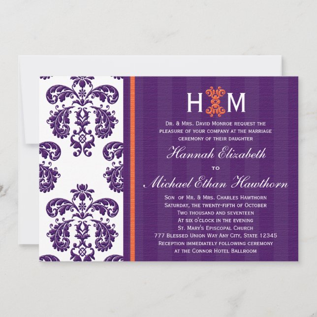 Invitation Purple et Mariage damassé orange monogramme (Devant)