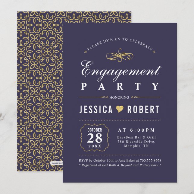 Invitation Purple et or | Elegant Engagement Party (Devant / Derrière)