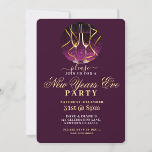 INVITATION PURPLE ET OR, FLUTES DE CHAMPAGNE, FÊTE DE NOUVELL