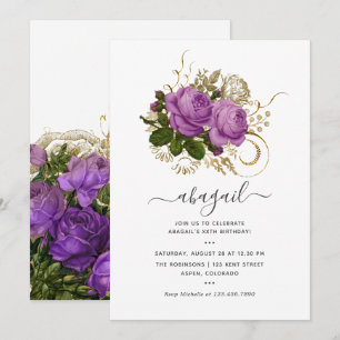 Invitation Purple et or Vintage Chic Floral fête d'anniversai