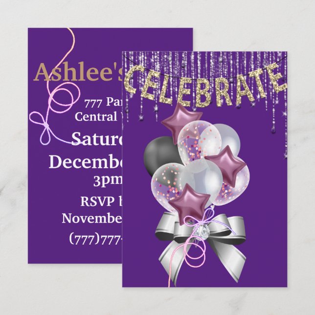 Invitation Purple et Silver avec Balloons girl Party (Devant / Derrière)