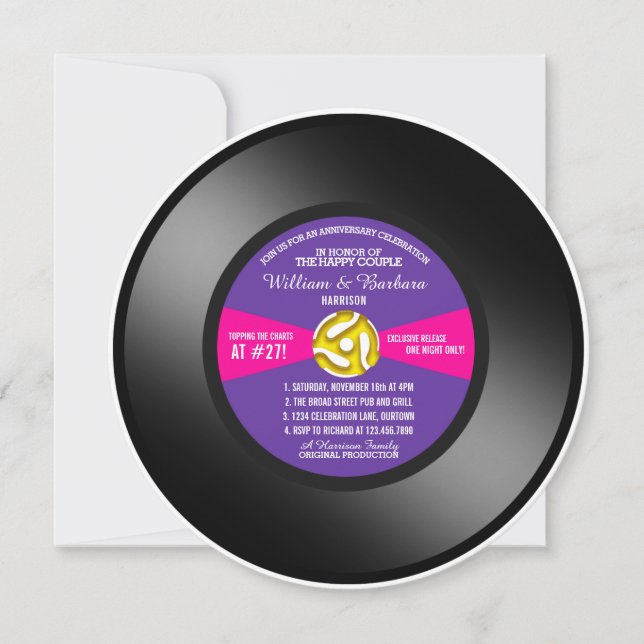 Invitation Purple Étiquette Vinyl 45 Record Anniversary Party (Devant)