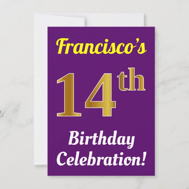 Invitation Purple, Faux Gold 14e anniversaire Célébration + N (Devant)