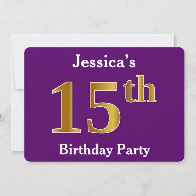 Invitation Purple, Faux Gold 15e fête d'anniversaire; Nom per (Devant)