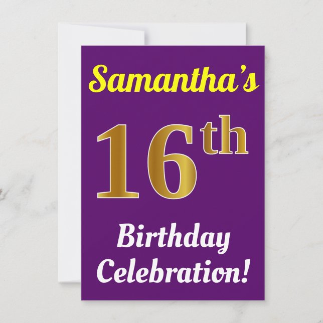 Invitation Purple, Faux Gold 16e anniversaire Célébration + N (Devant)