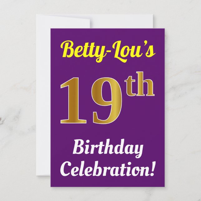 Invitation Purple, Faux Gold 19e anniversaire Célébration + N (Devant)