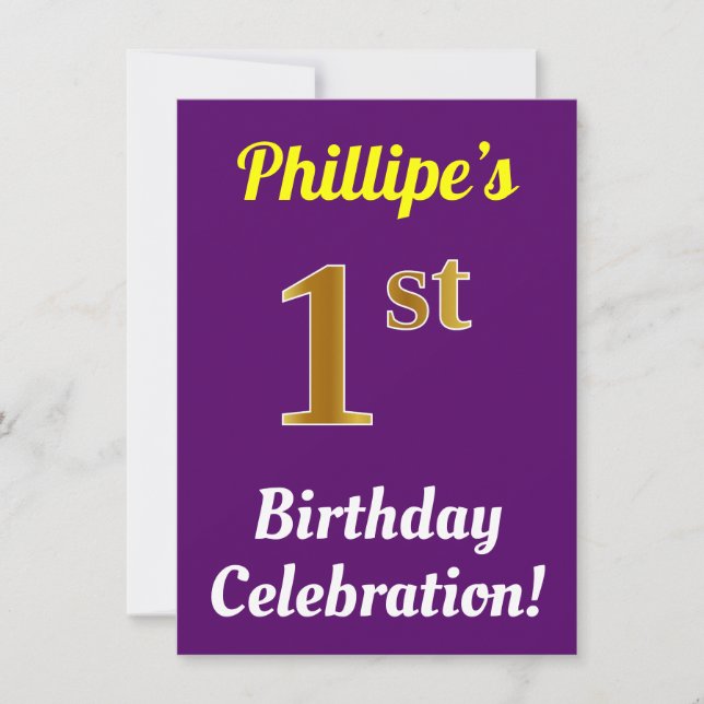 Invitation Purple, Faux Gold 1er Anniversaire Célébration + N (Devant)