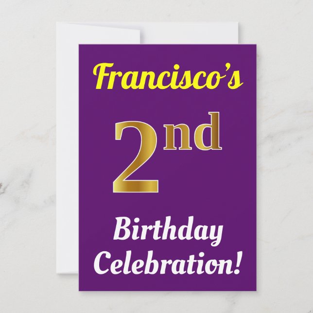 Invitation Purple, Faux Gold 2e anniversaire Célébration + No (Devant)