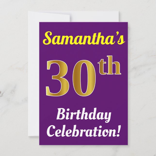 Invitation Purple, Faux Gold 30th Birthday Celebration + Nom (Devant)