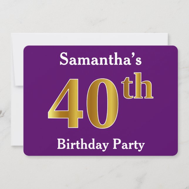 Invitation Purple, Faux Gold 40th Birthday Party; Nom personn (Devant)