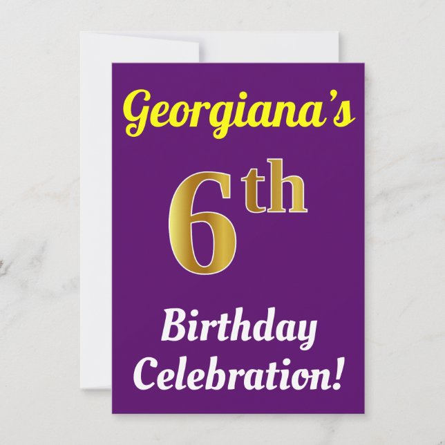 Invitation Purple, Faux Gold 6e anniversaire Célébration + No (Devant)