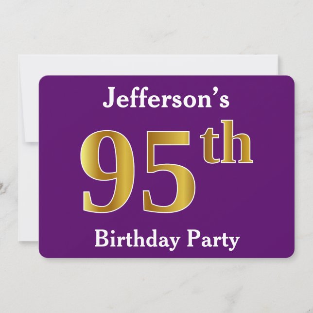 Invitation Purple, Faux Gold 95e fête d'anniversaire; Nom per (Devant)