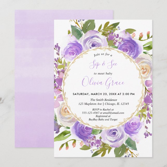 Invitation Purple fille Sip and See, lavande florale lilas (Devant / Derrière)