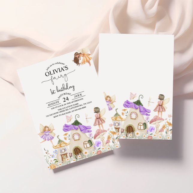 Invitation Purple Fleur sauvage Fairy 1er Anniversaire Invita (Créateur téléchargé)