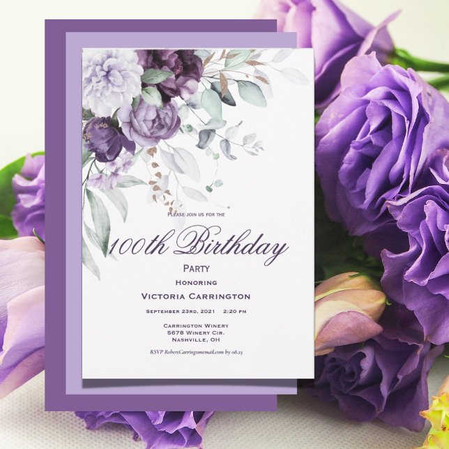 Invitation Purple Floral 100e Anniversaire Moderne (Créateur téléchargé)