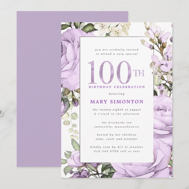 Invitation Purple Floral 100e fête d'anniversaire (Devant / Derrière)