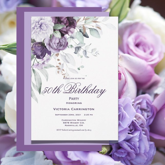 Invitation Purple Floral 50e Anniversaire Moderne (Créateur téléchargé)